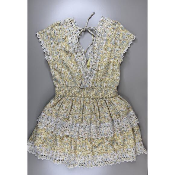 American Eagle Women’s Floral Eyelet Tiered Mini Dress L Yellow Boho Lace Cotton - Picture 10 of 15